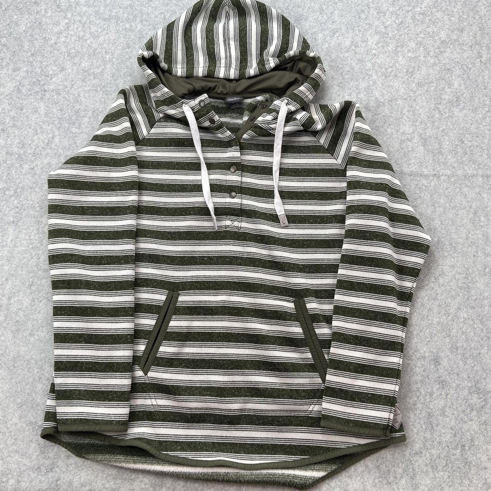 Eddie Bauer Hoodie Womens XL Green Stripe Fleece Lined Henley Thermal Pullover